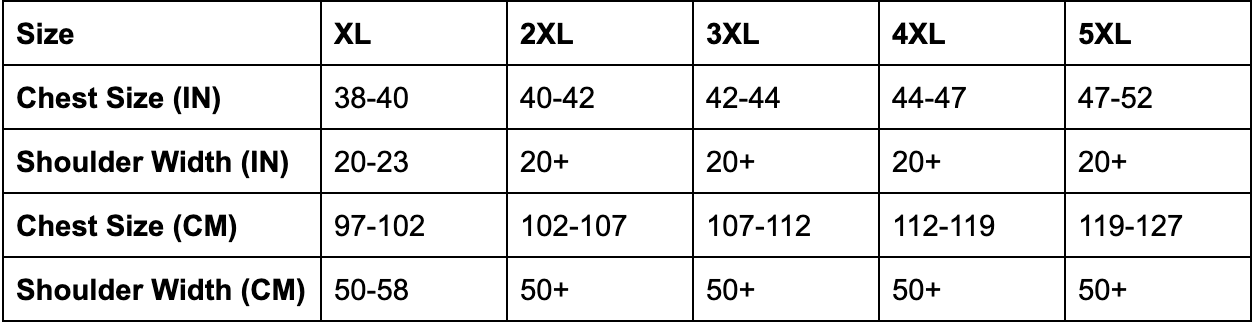 Binder sizes XL - 5XL